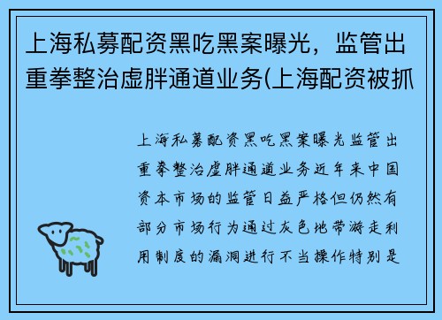 上海私募配资黑吃黑案曝光，监管出重拳整治虚胖通道业务(上海配资被抓)