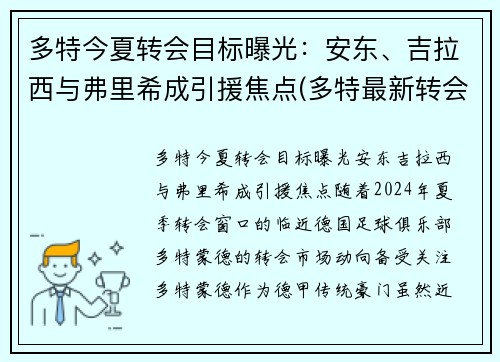 多特今夏转会目标曝光：安东、吉拉西与弗里希成引援焦点(多特最新转会)