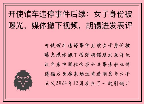 开使馆车违停事件后续：女子身份被曝光，媒体撤下视频，胡锡进发表评论